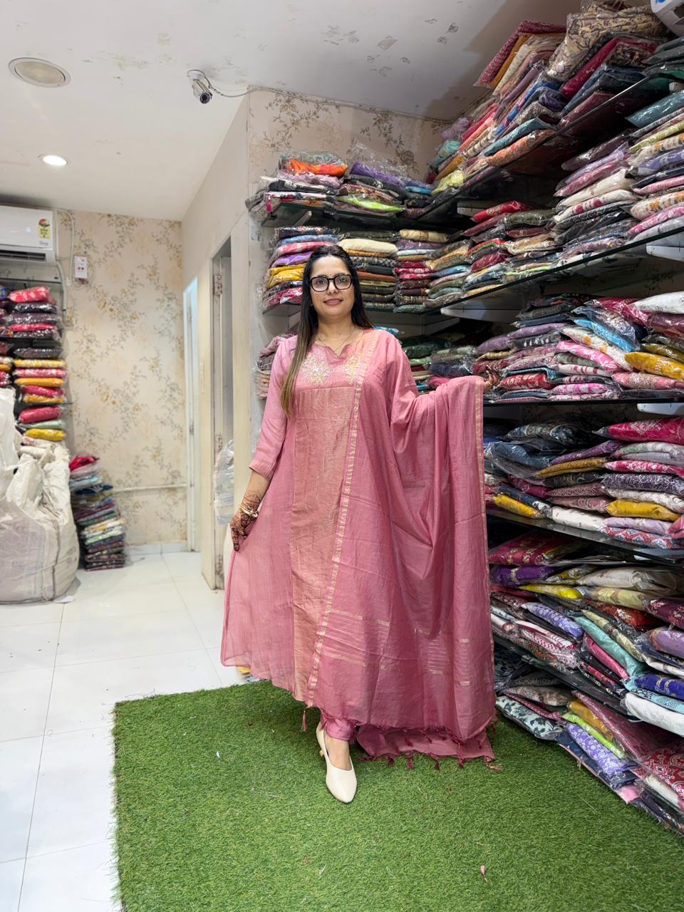 Pure Banaras Mull Chanderi Blush Pink 3pc Set