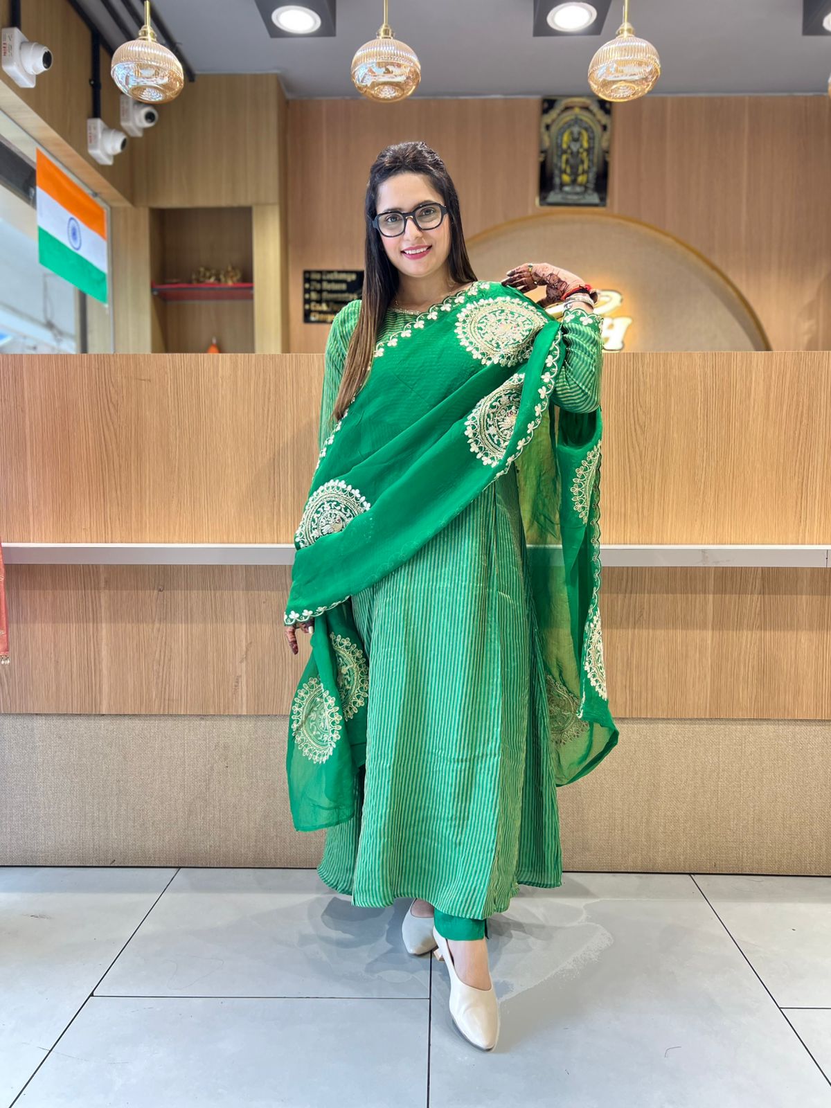 Pure Banaras Mull Chanderi Green 3pc Set