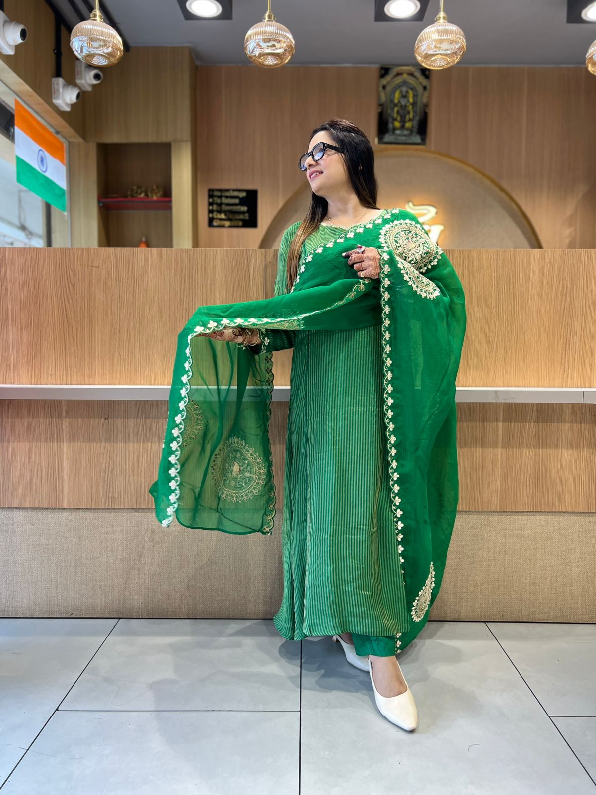 Pure Banaras Mull Chanderi Green 3pc Set