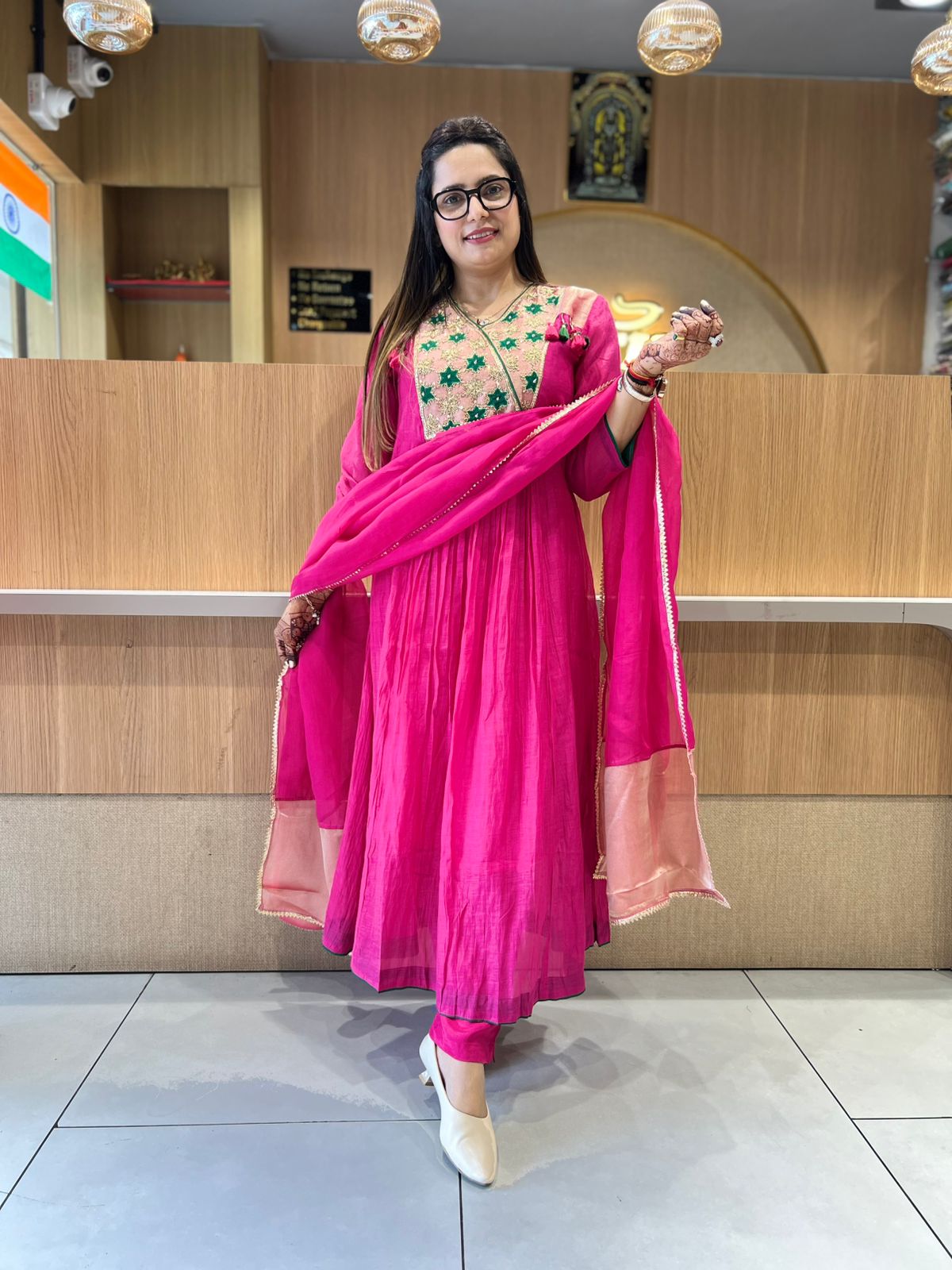 Pure Banaras Mull Chanderi Rani Pink 3pc Set