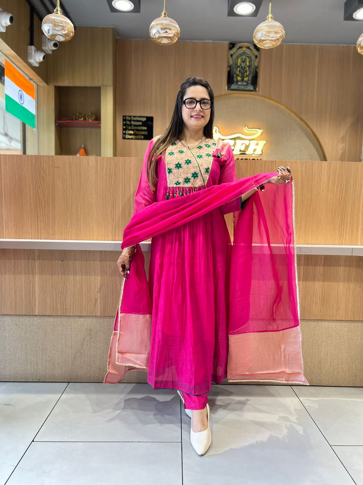 Pure Banaras Mull Chanderi Rani Pink 3pc Set