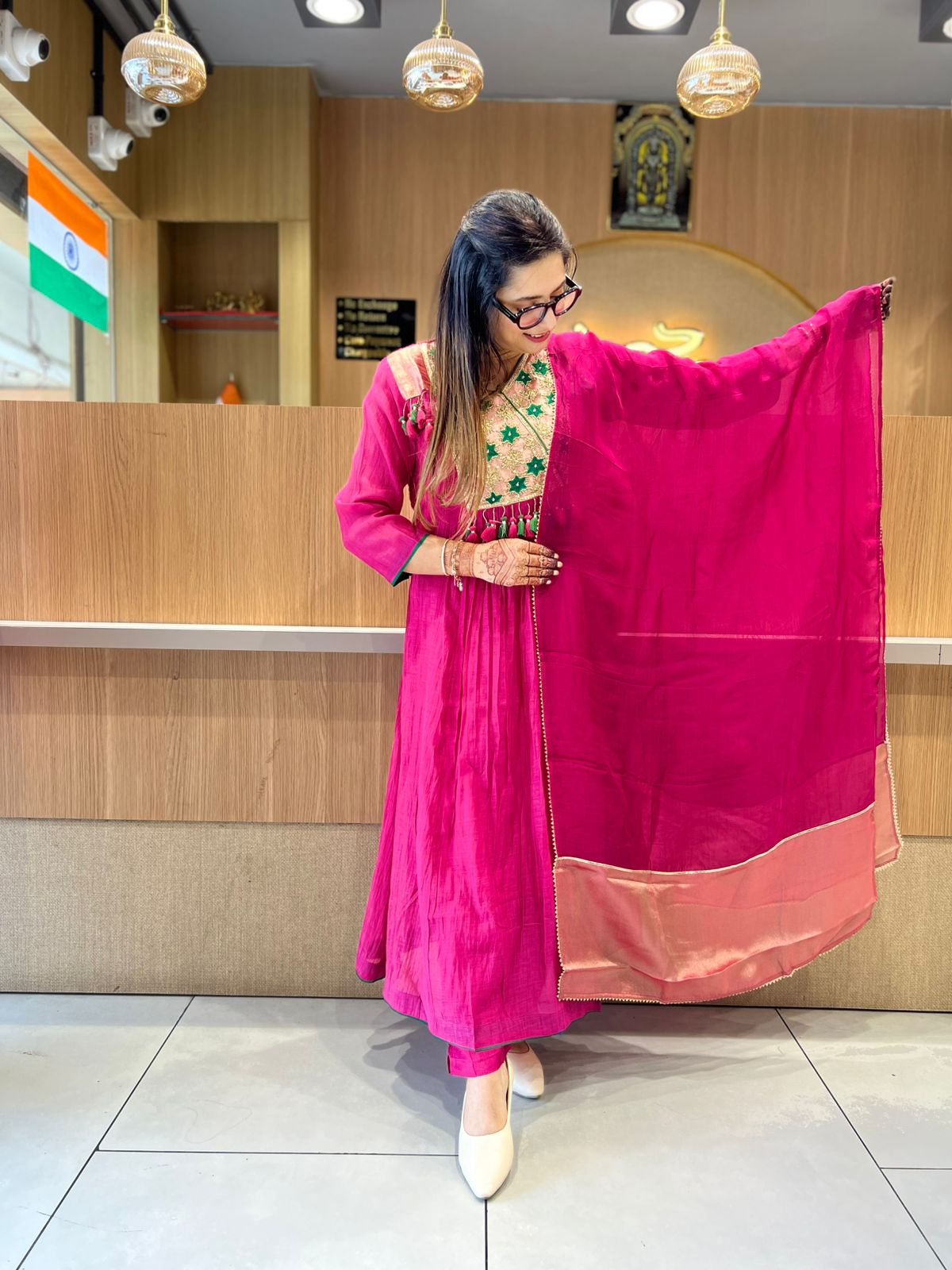 Pure Banaras Mull Chanderi Rani Pink 3pc Set