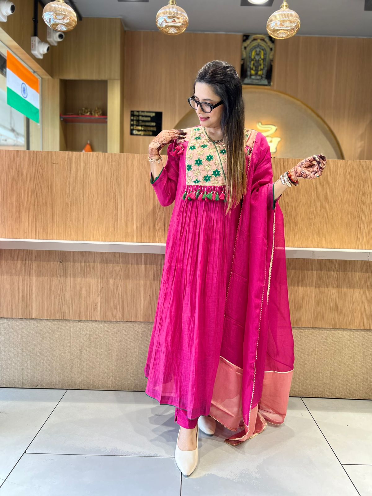Pure Banaras Mull Chanderi Rani Pink 3pc Set