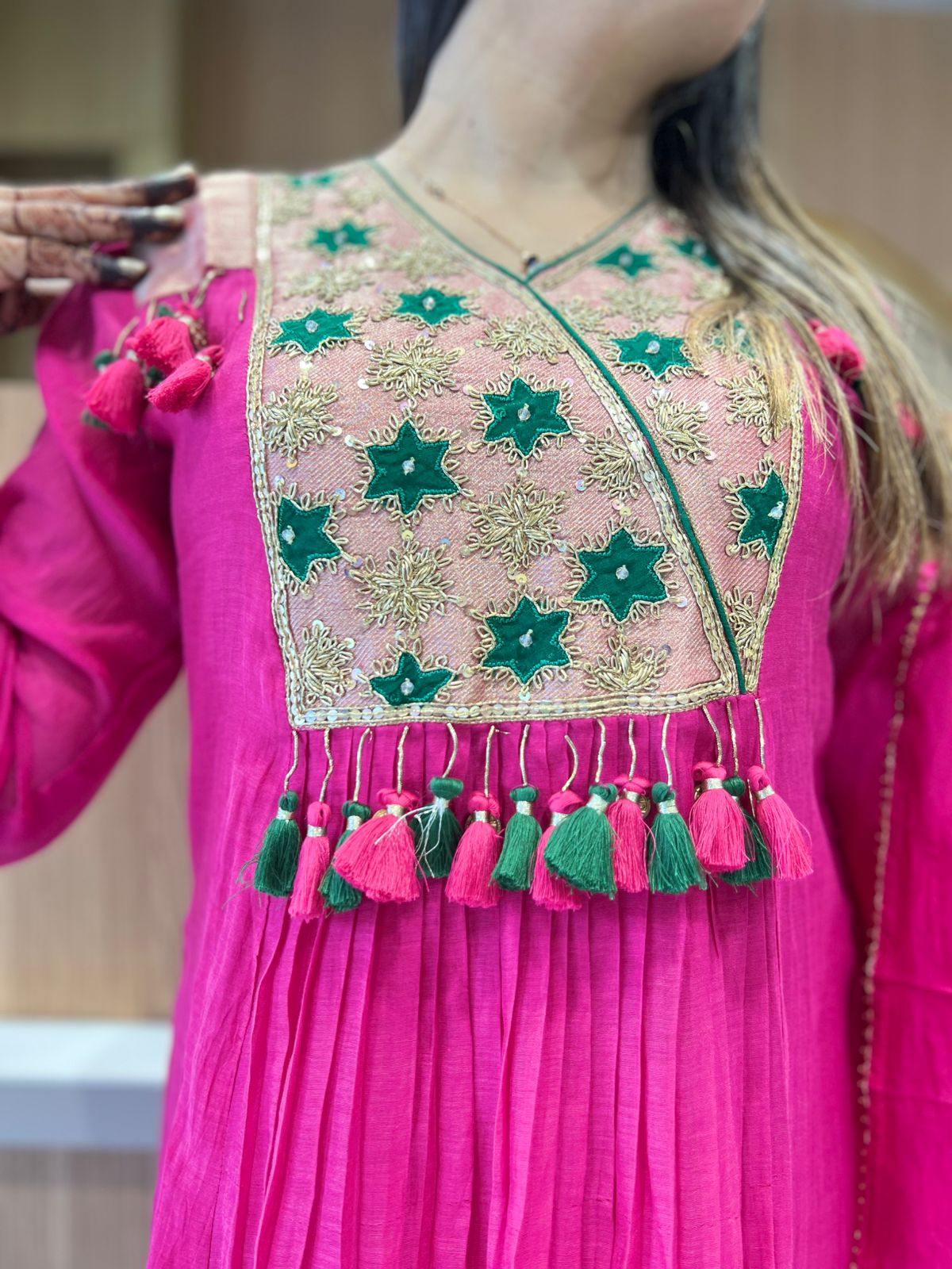 Pure Banaras Mull Chanderi Rani Pink 3pc Set