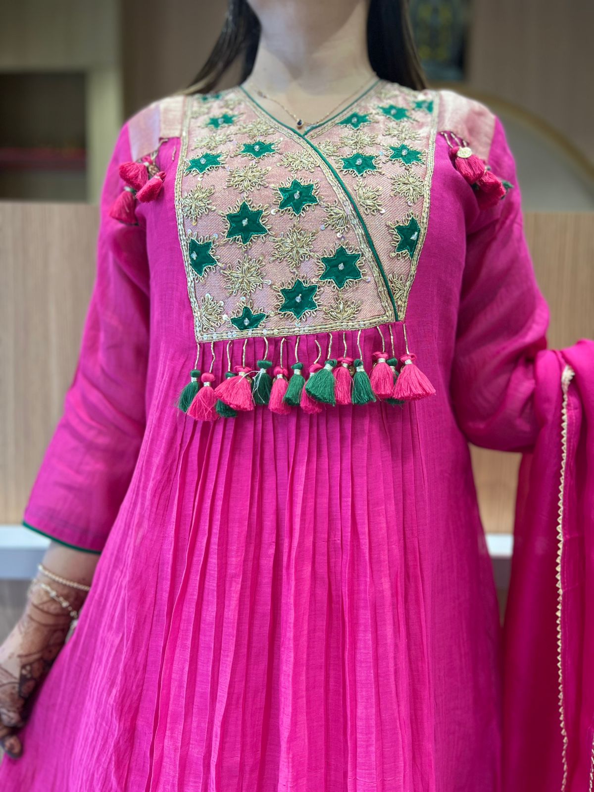 Pure Banaras Mull Chanderi Rani Pink 3pc Set