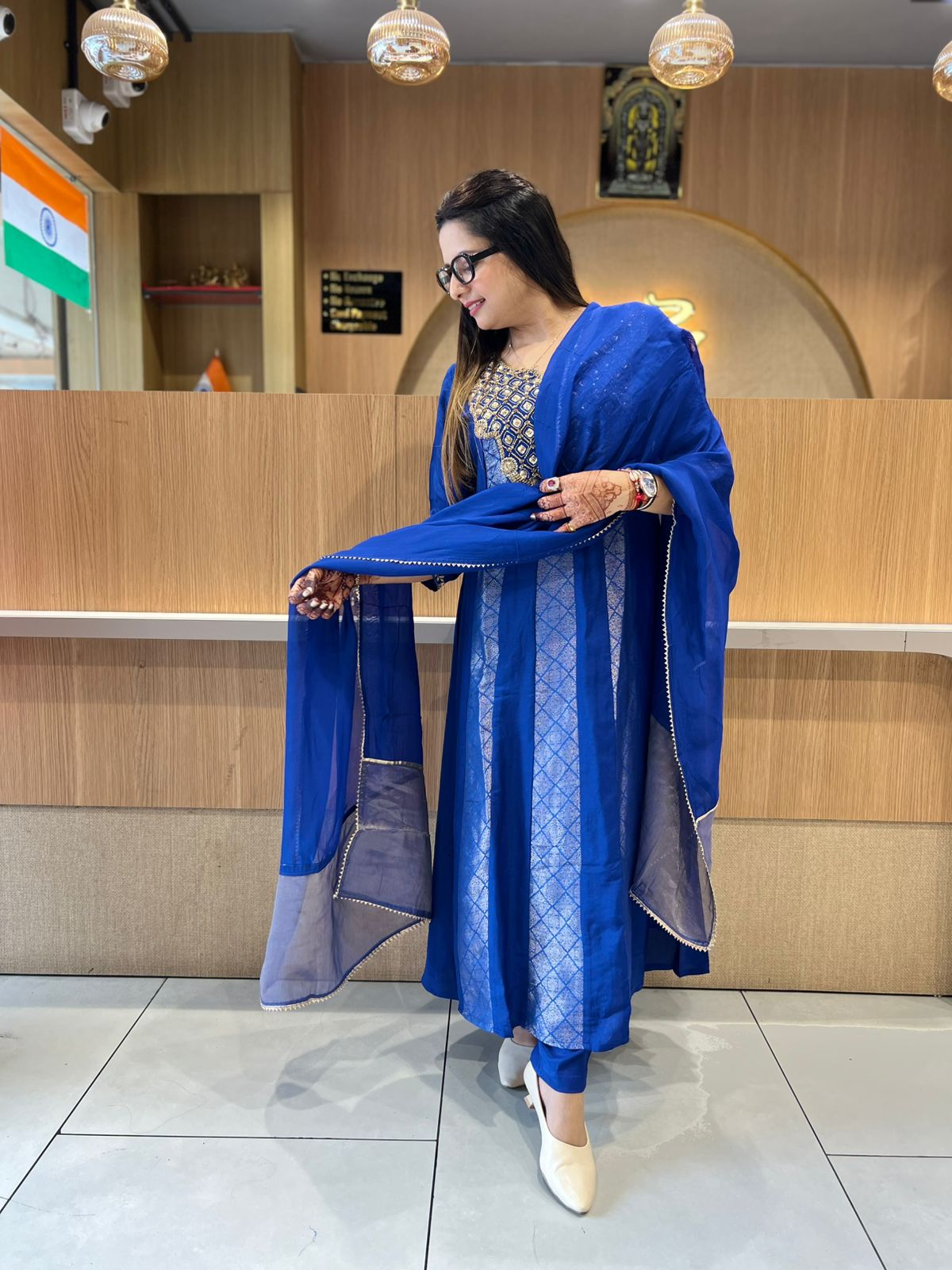 Pure Banaras Mull Chanderi Blue 3pc Set
