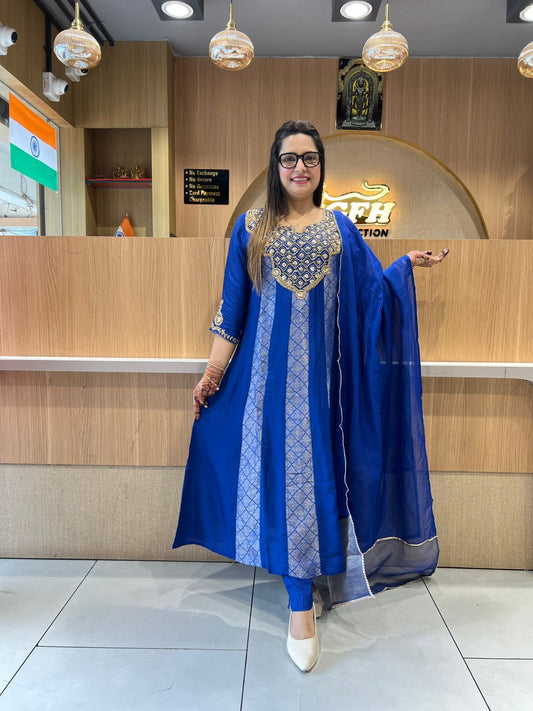 Pure Banaras Mull Chanderi Blue 3pc Set
