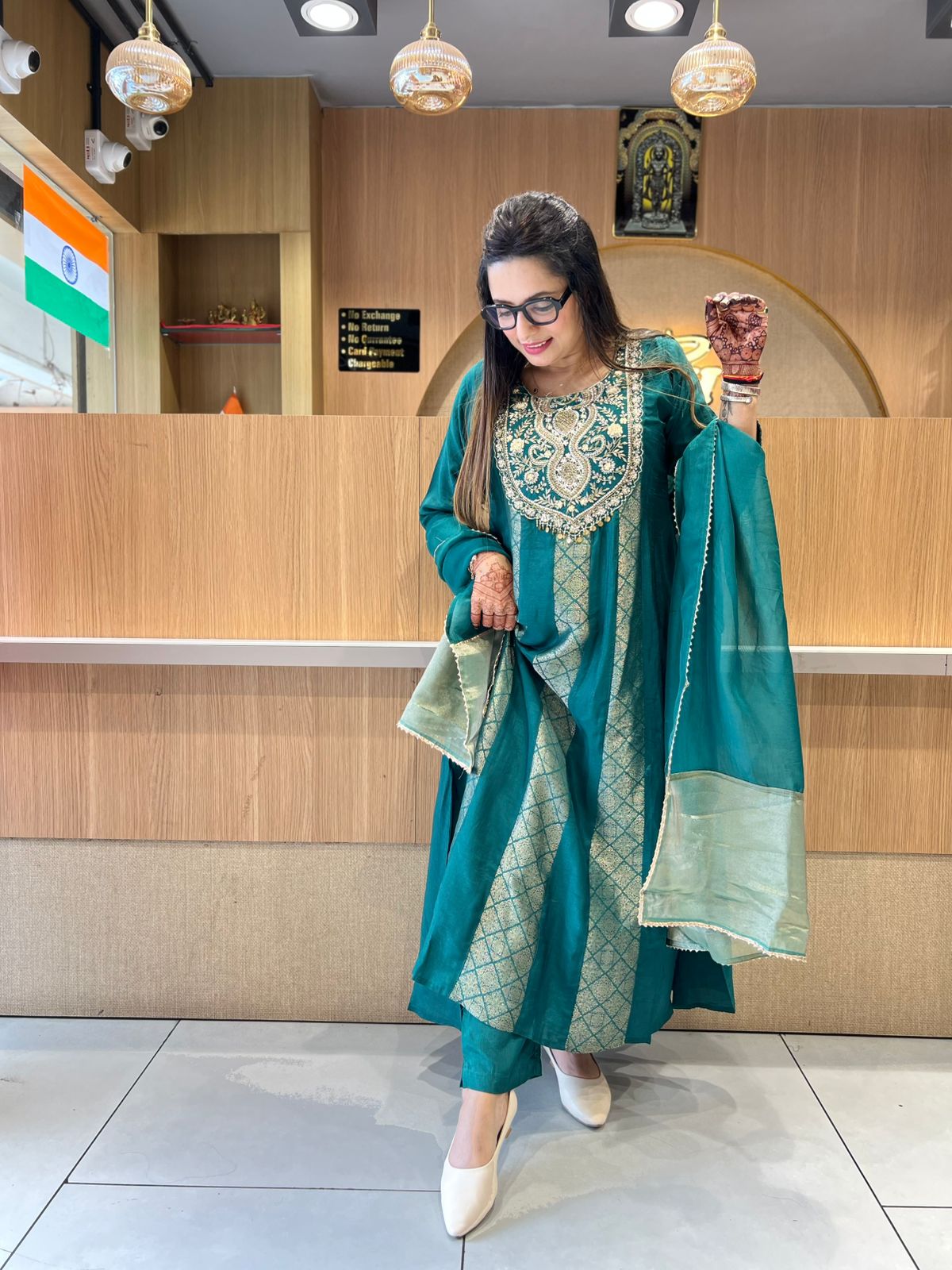 Pure Banaras Mull Chanderi Peacock Green 3pc Set