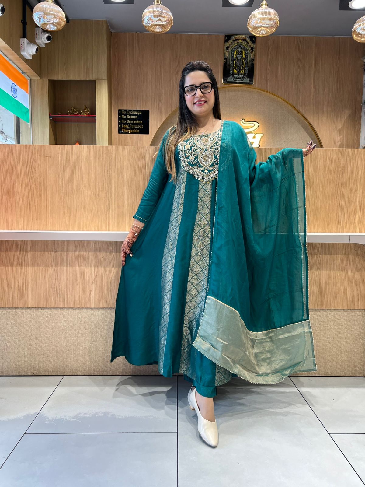 Pure Banaras Mull Chanderi Peacock Green 3pc Set