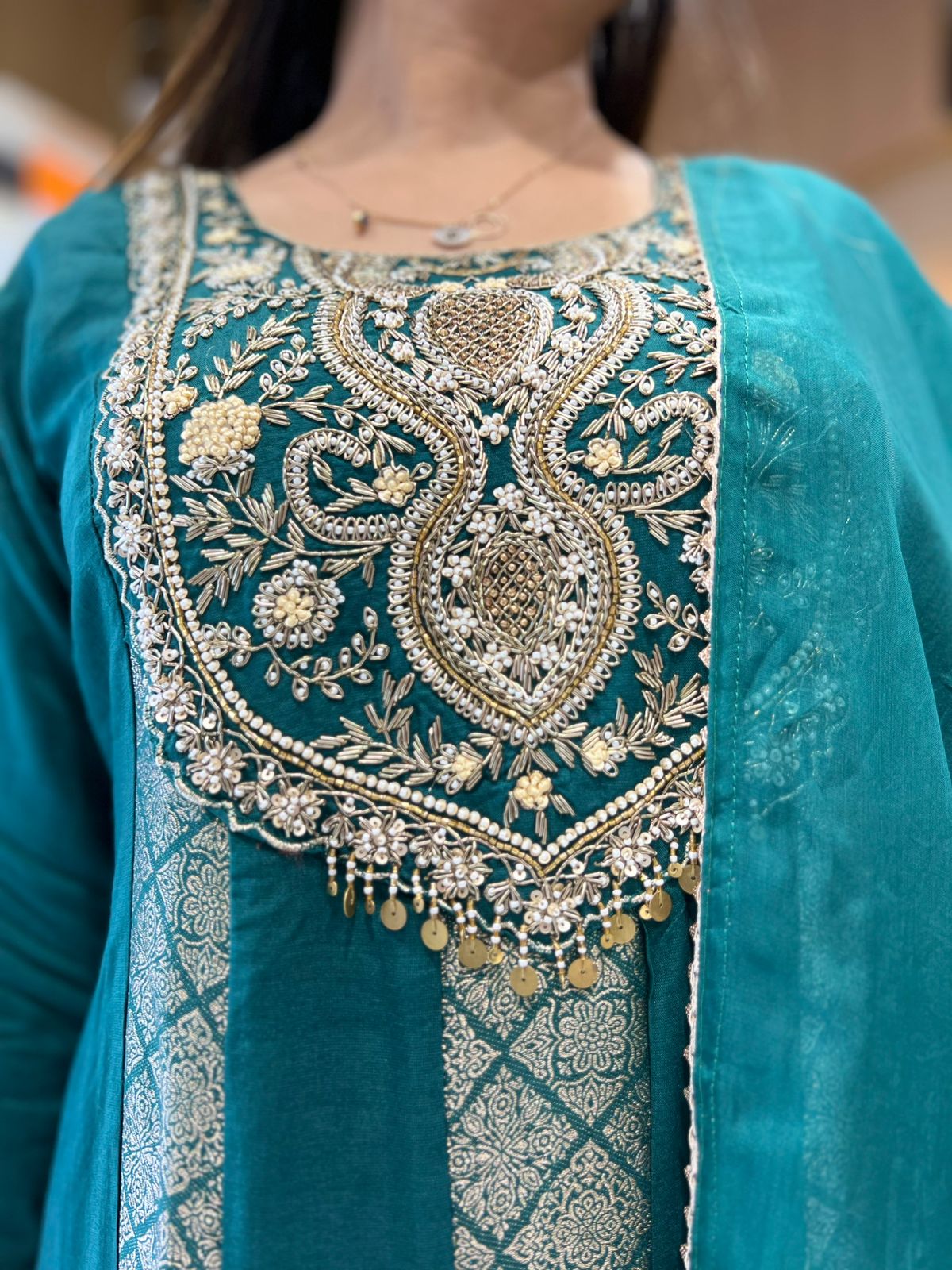 Pure Banaras Mull Chanderi Peacock Green 3pc Set
