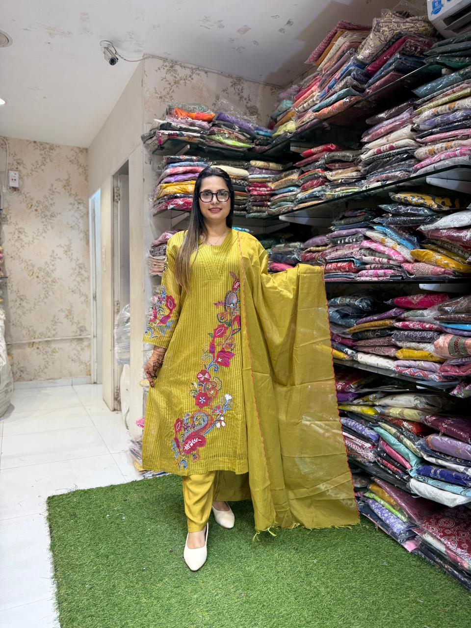 Pure Chanderi Silk Mahendi Green 3pc Set