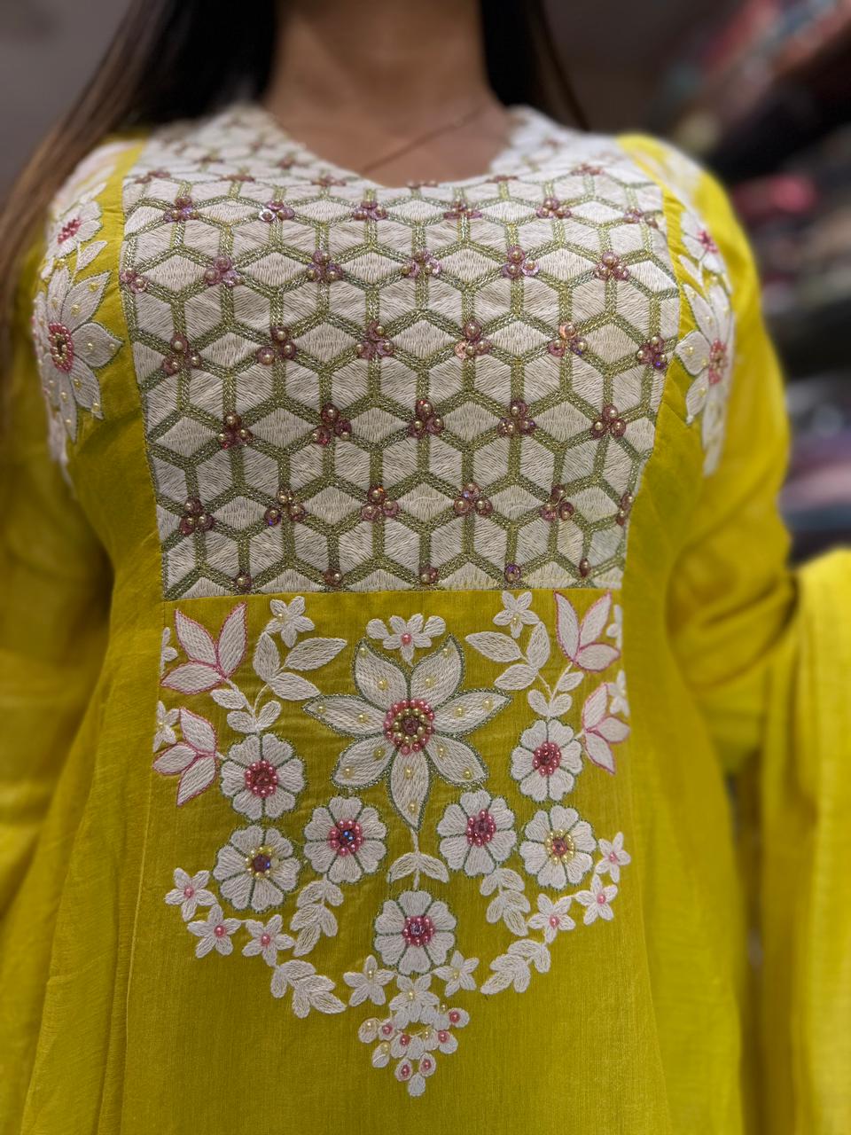 Pure Banaras Mull Chanderi Yellow 3pc Set