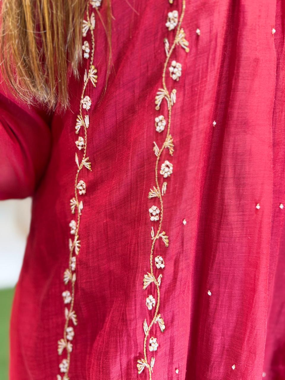 Pure Banaras Mull Chanderi Red 3pc Set