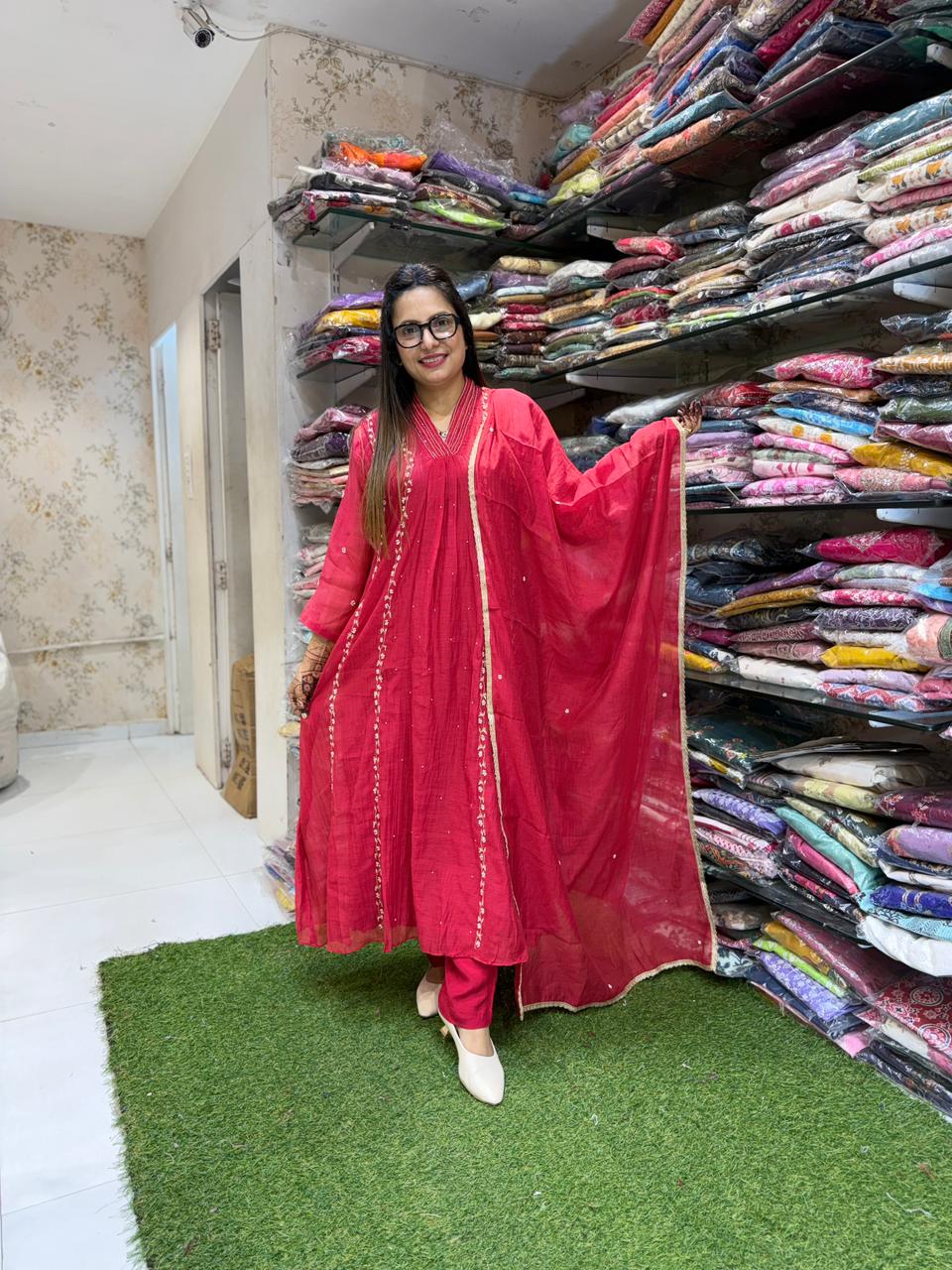 Pure Banaras Mull Chanderi Red 3pc Set
