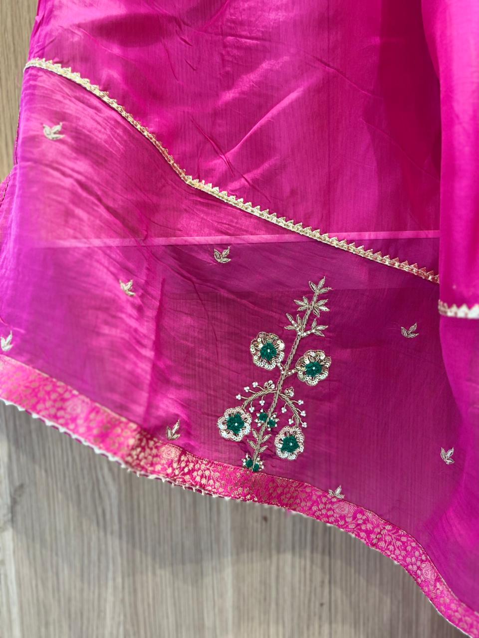 Pure Banaras Mull Chanderi Rani Pink 3pc Set