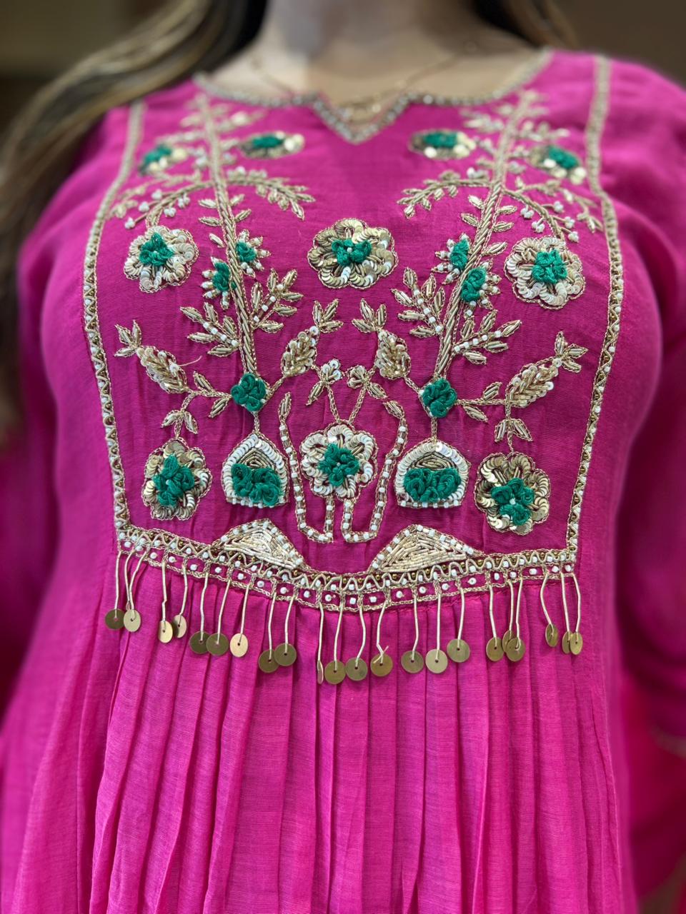 Pure Banaras Mull Chanderi Rani Pink 3pc Set