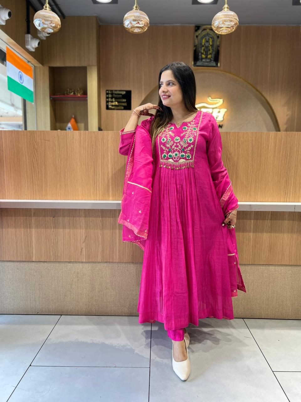 Pure Banaras Mull Chanderi Rani Pink 3pc Set