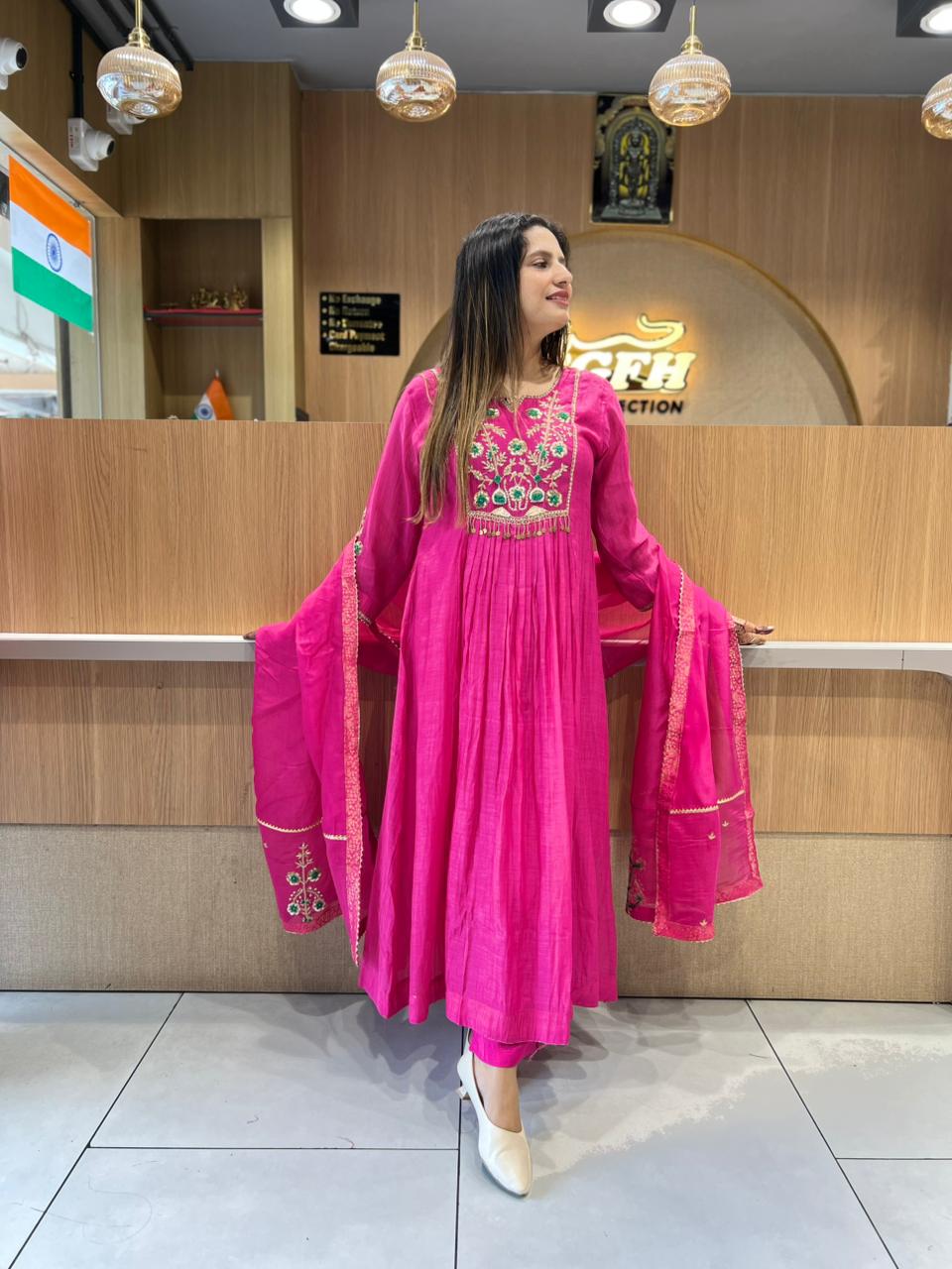 Pure Banaras Mull Chanderi Rani Pink 3pc Set