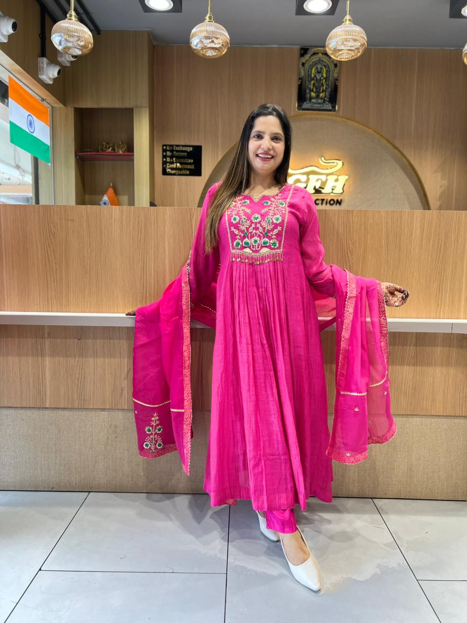Pure Banaras Mull Chanderi Rani Pink 3pc Set
