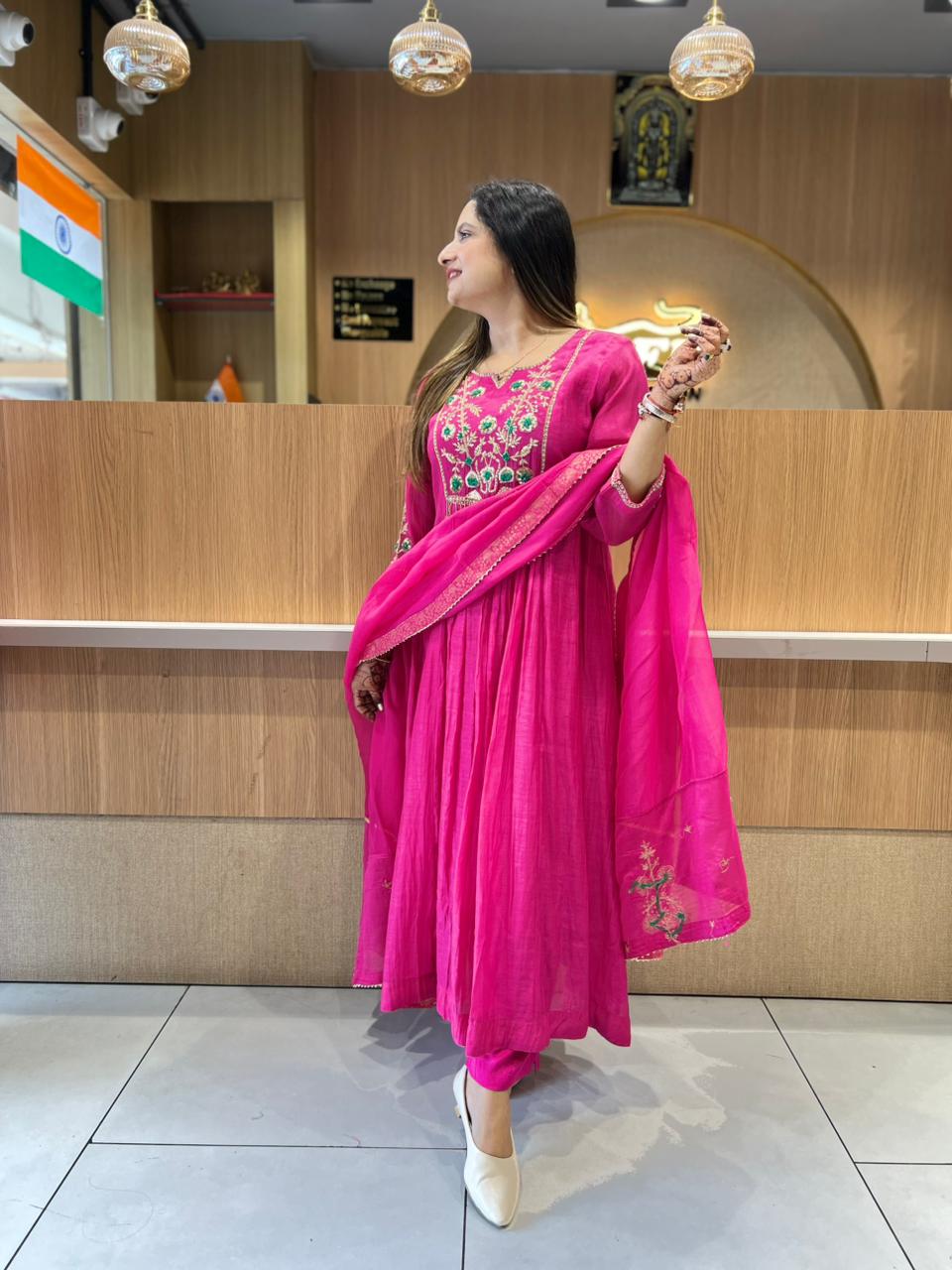 Pure Banaras Mull Chanderi Rani Pink 3pc Set