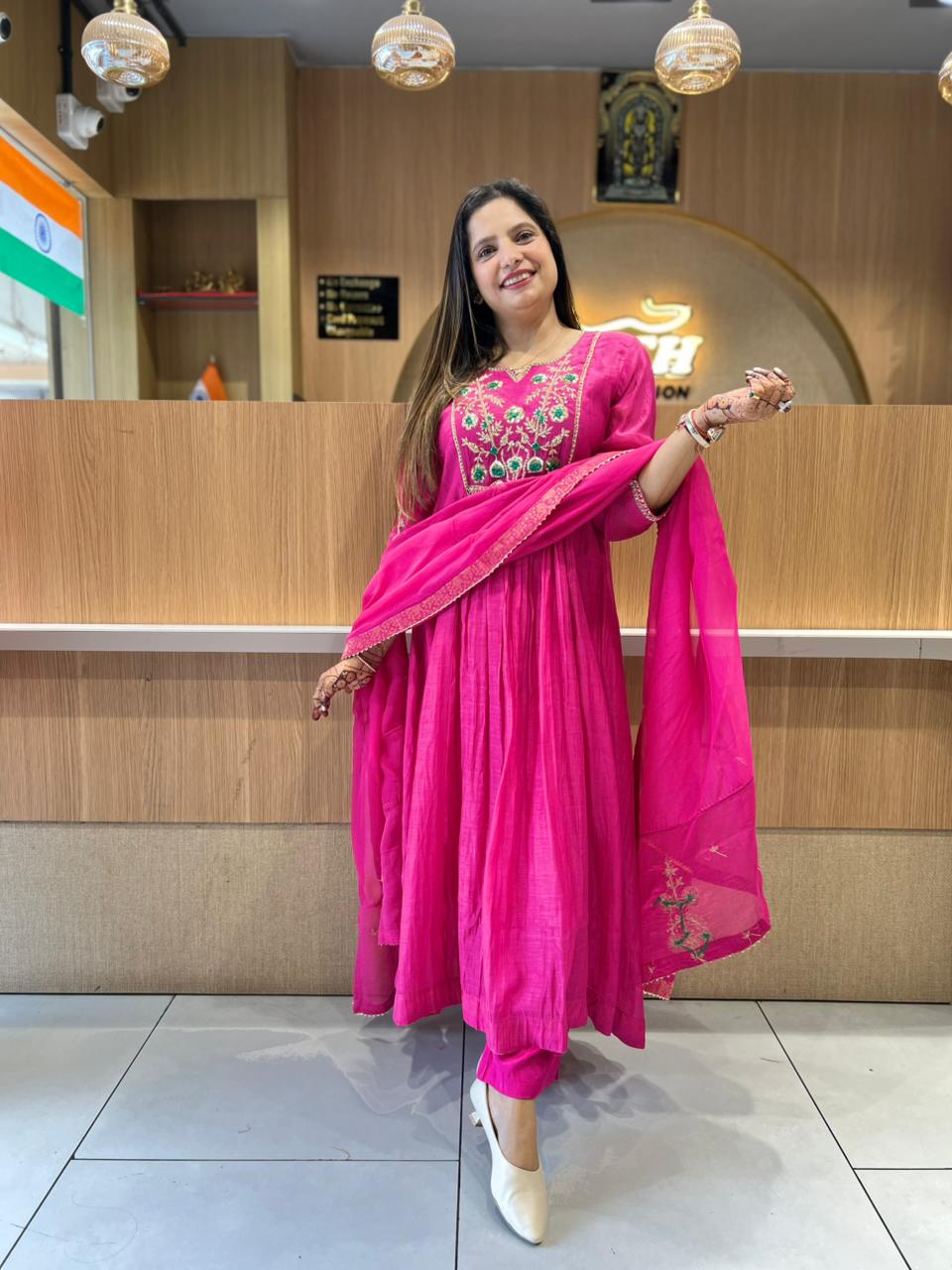 Pure Banaras Mull Chanderi Rani Pink 3pc Set