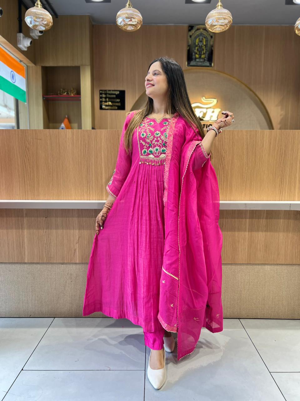 Pure Banaras Mull Chanderi Rani Pink 3pc Set