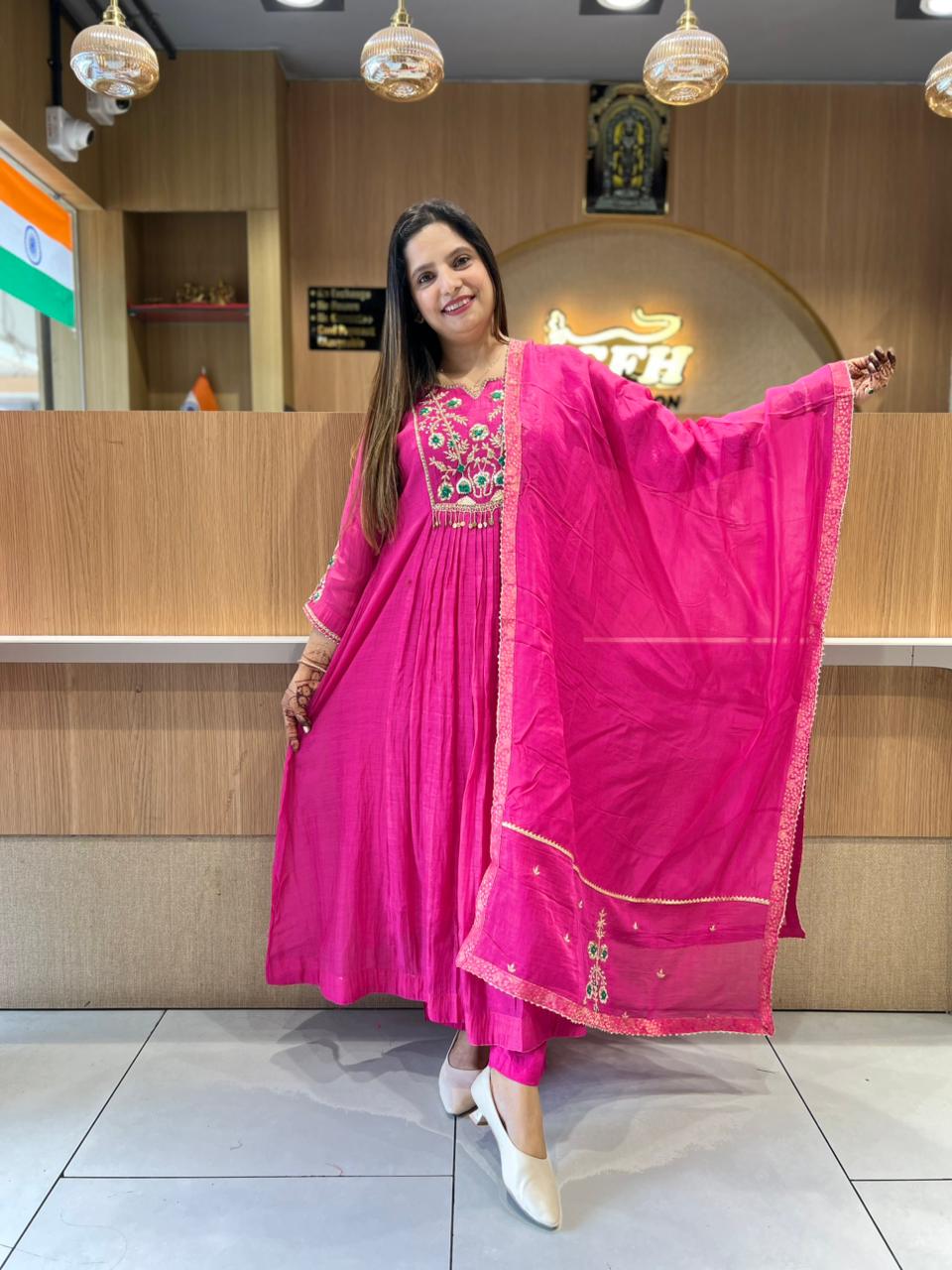 Pure Banaras Mull Chanderi Rani Pink 3pc Set