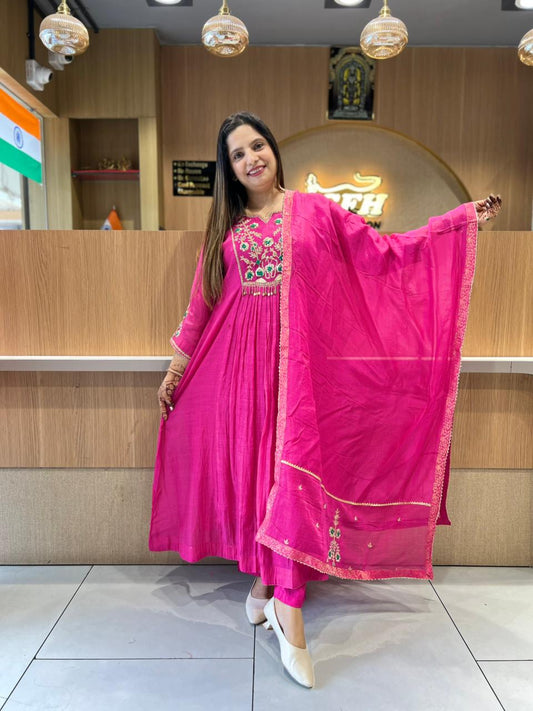 Pure Banaras Mull Chanderi Rani Pink 3pc Set