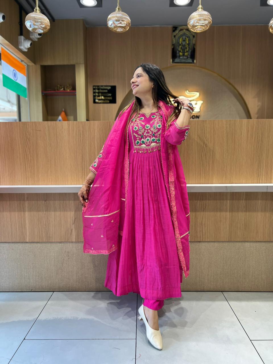 Pure Banaras Mull Chanderi Rani Pink 3pc Set