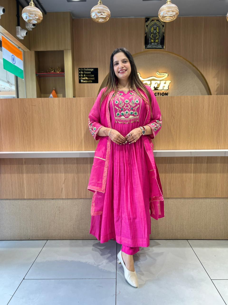 Pure Banaras Mull Chanderi Rani Pink 3pc Set