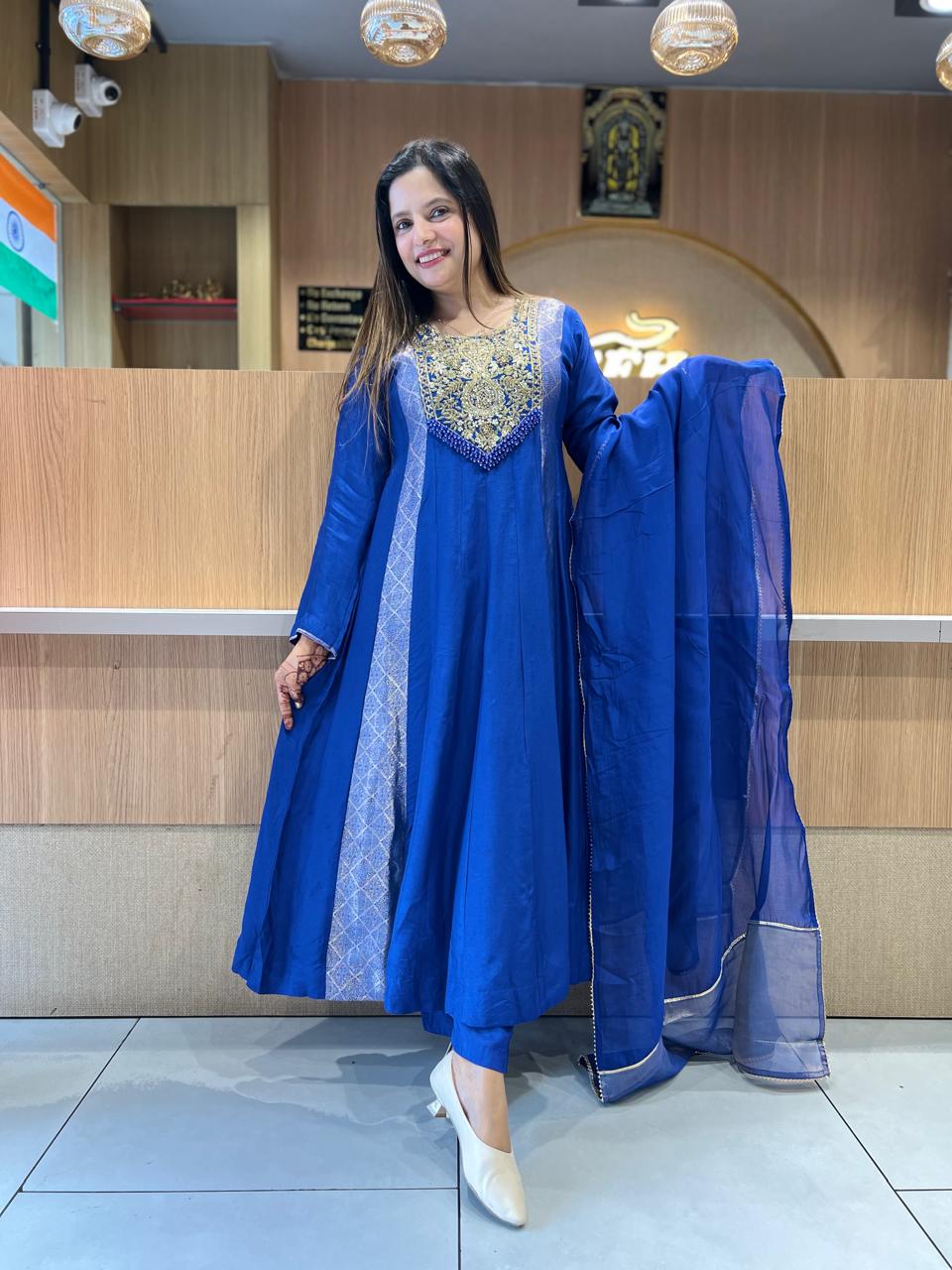 Pure Banaras Mull Chanderi Royal Blue 3pc Set