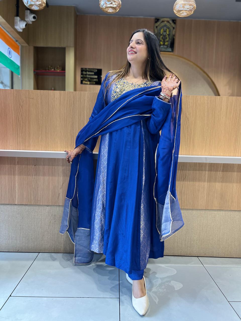 Pure Banaras Mull Chanderi Royal Blue 3pc Set