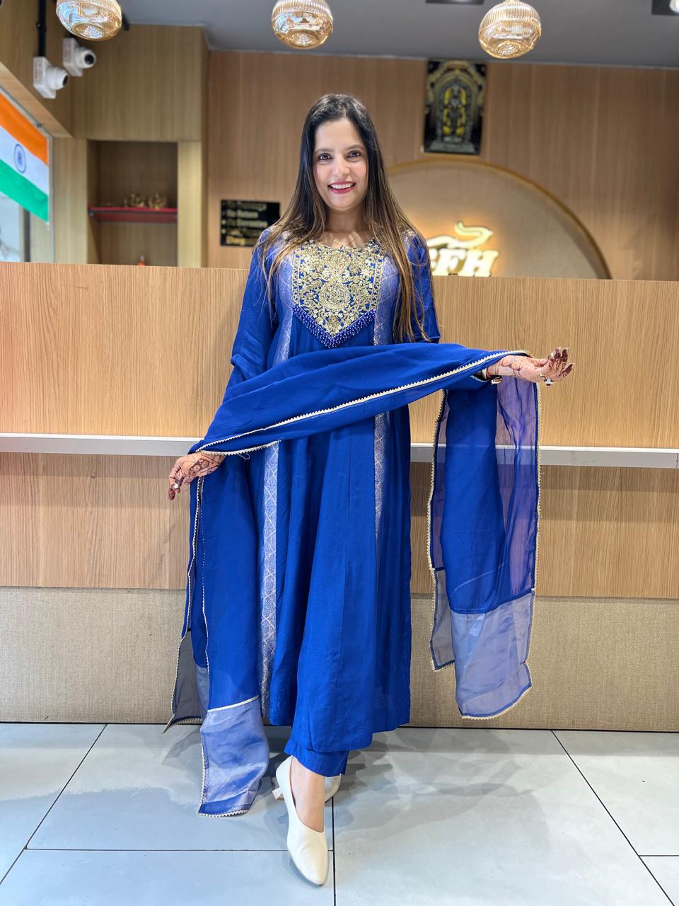 Pure Banaras Mull Chanderi Royal Blue 3pc Set