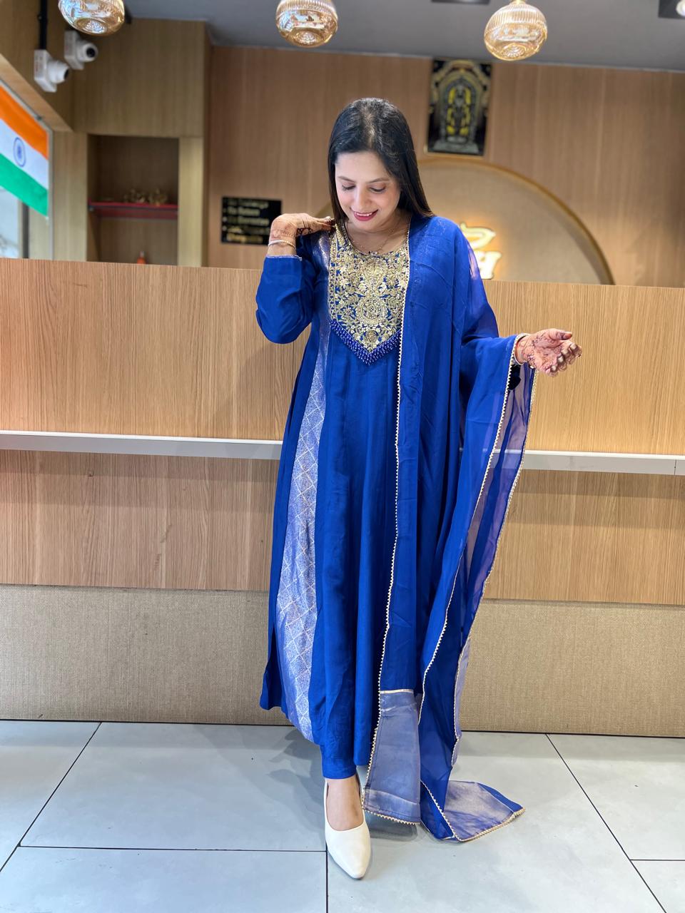Pure Banaras Mull Chanderi Royal Blue 3pc Set