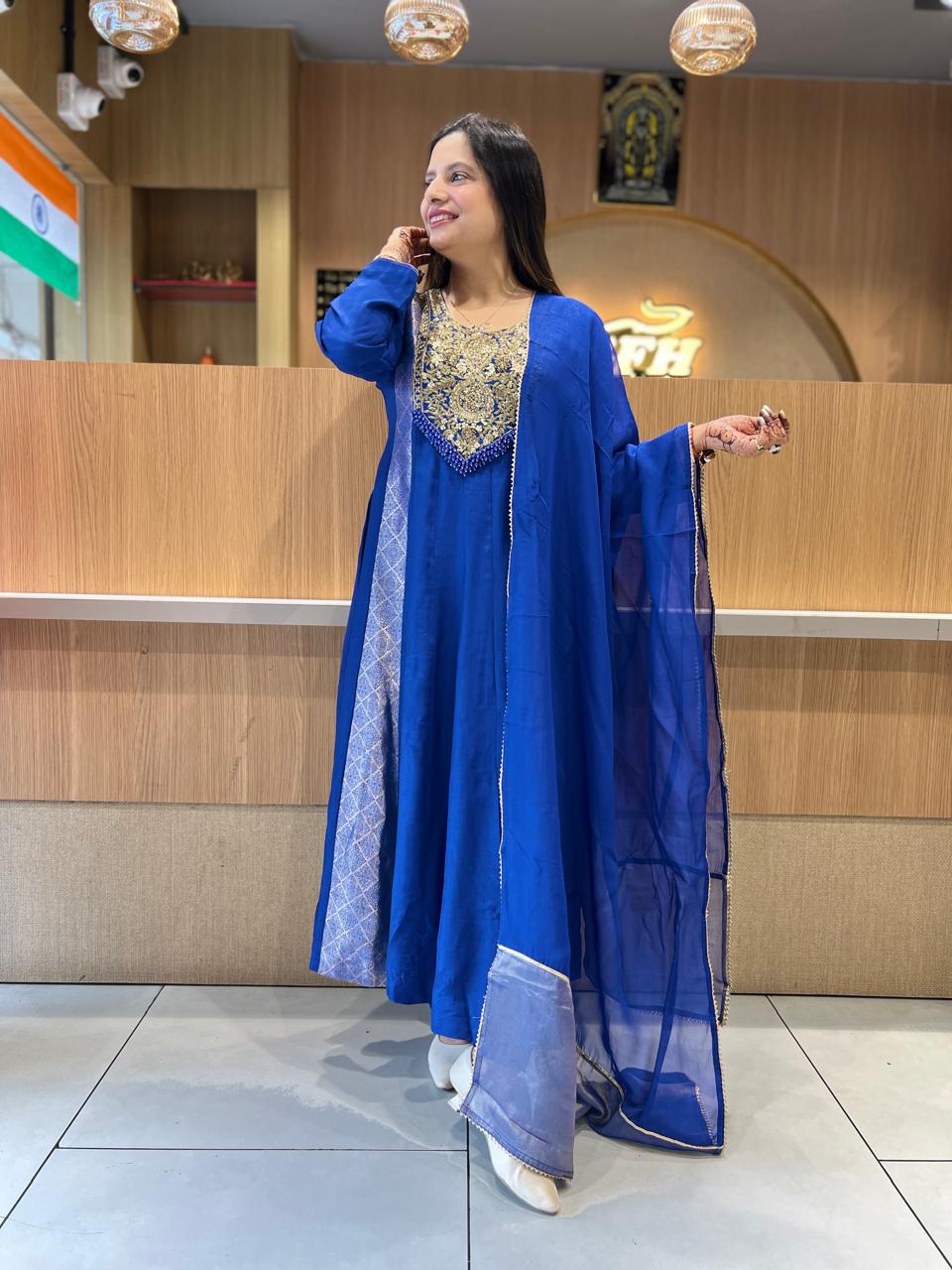 Pure Banaras Mull Chanderi Royal Blue 3pc Set