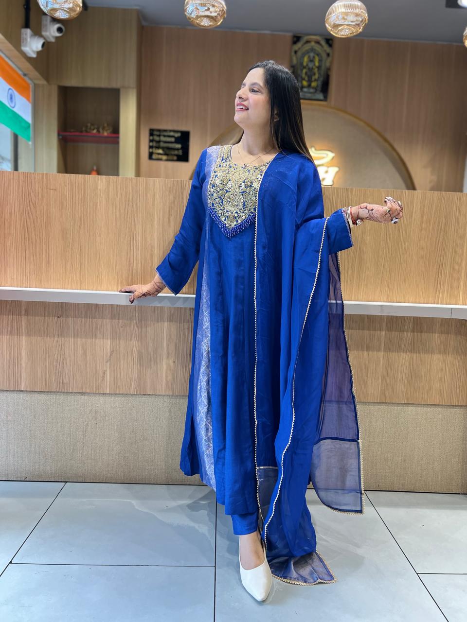 Pure Banaras Mull Chanderi Royal Blue 3pc Set
