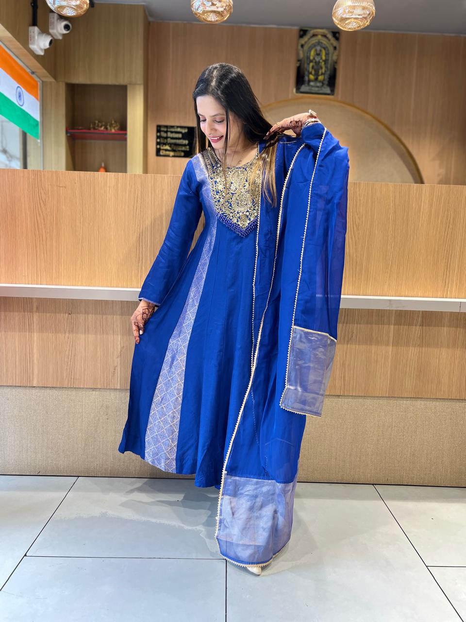 Pure Banaras Mull Chanderi Royal Blue 3pc Set