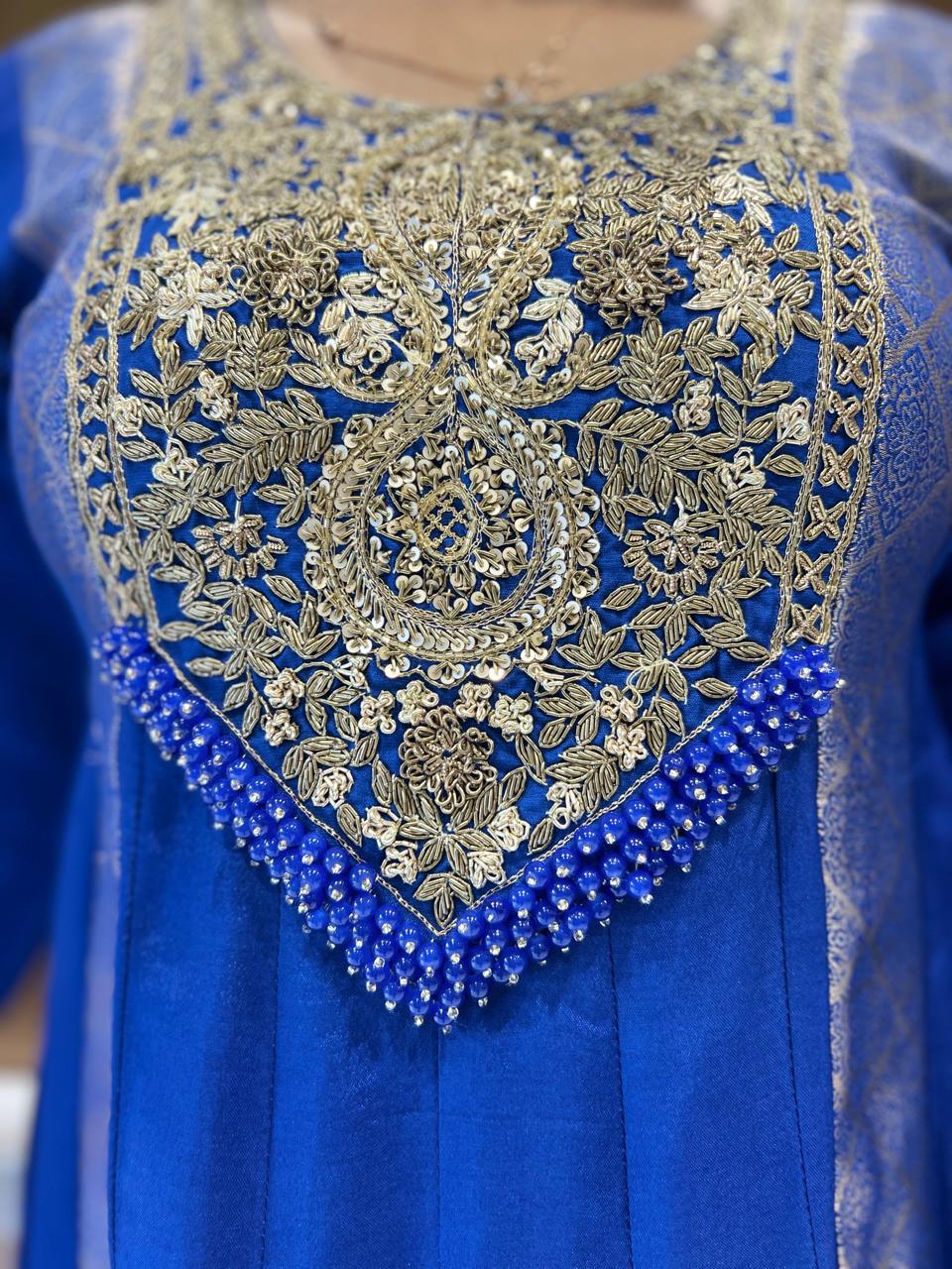 Pure Banaras Mull Chanderi Royal Blue 3pc Set
