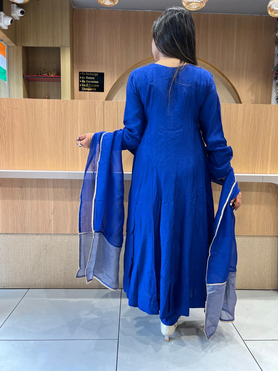 Pure Banaras Mull Chanderi Royal Blue 3pc Set