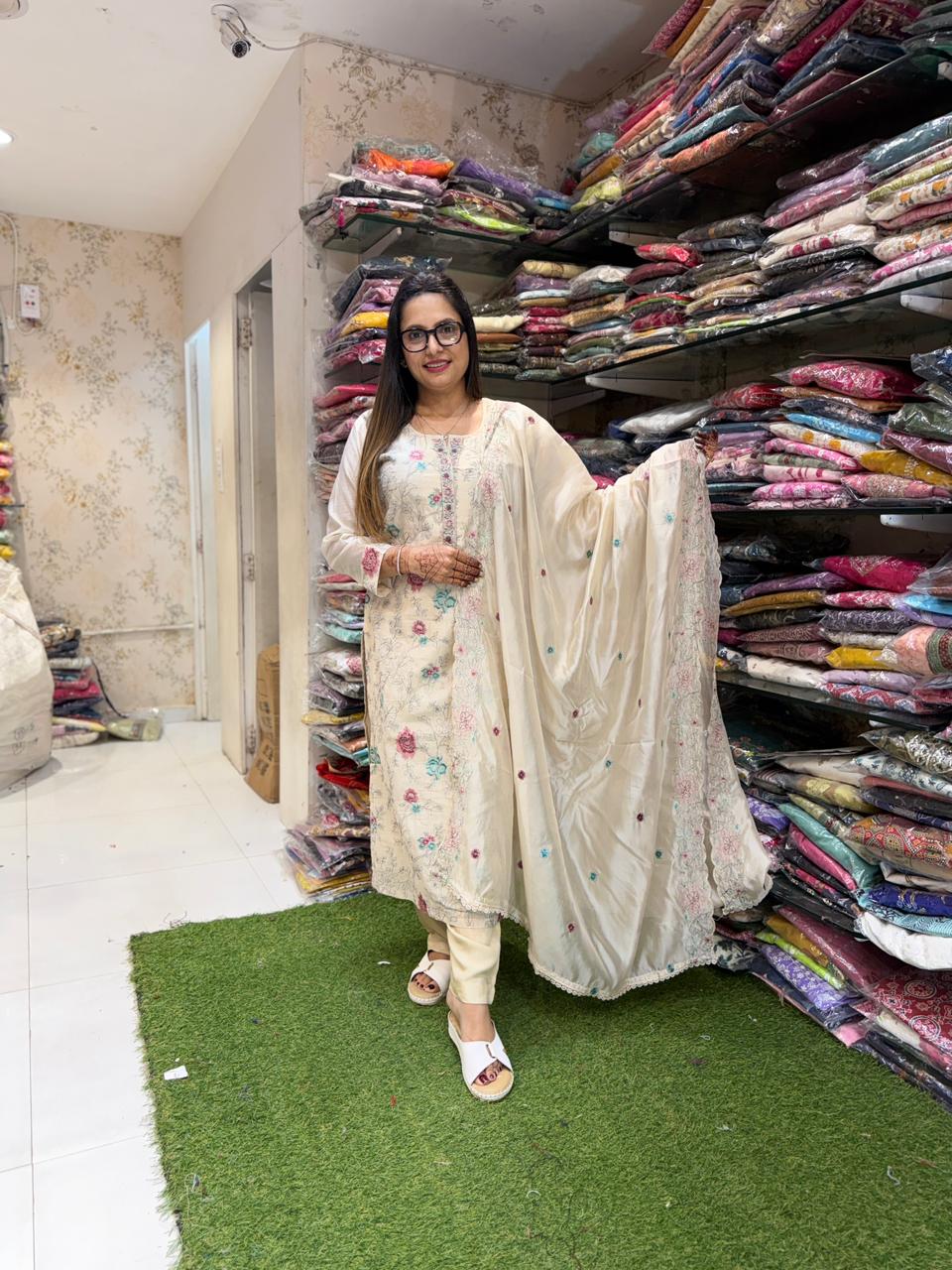 Pure Chanderi Dusty Off White 3pc Set