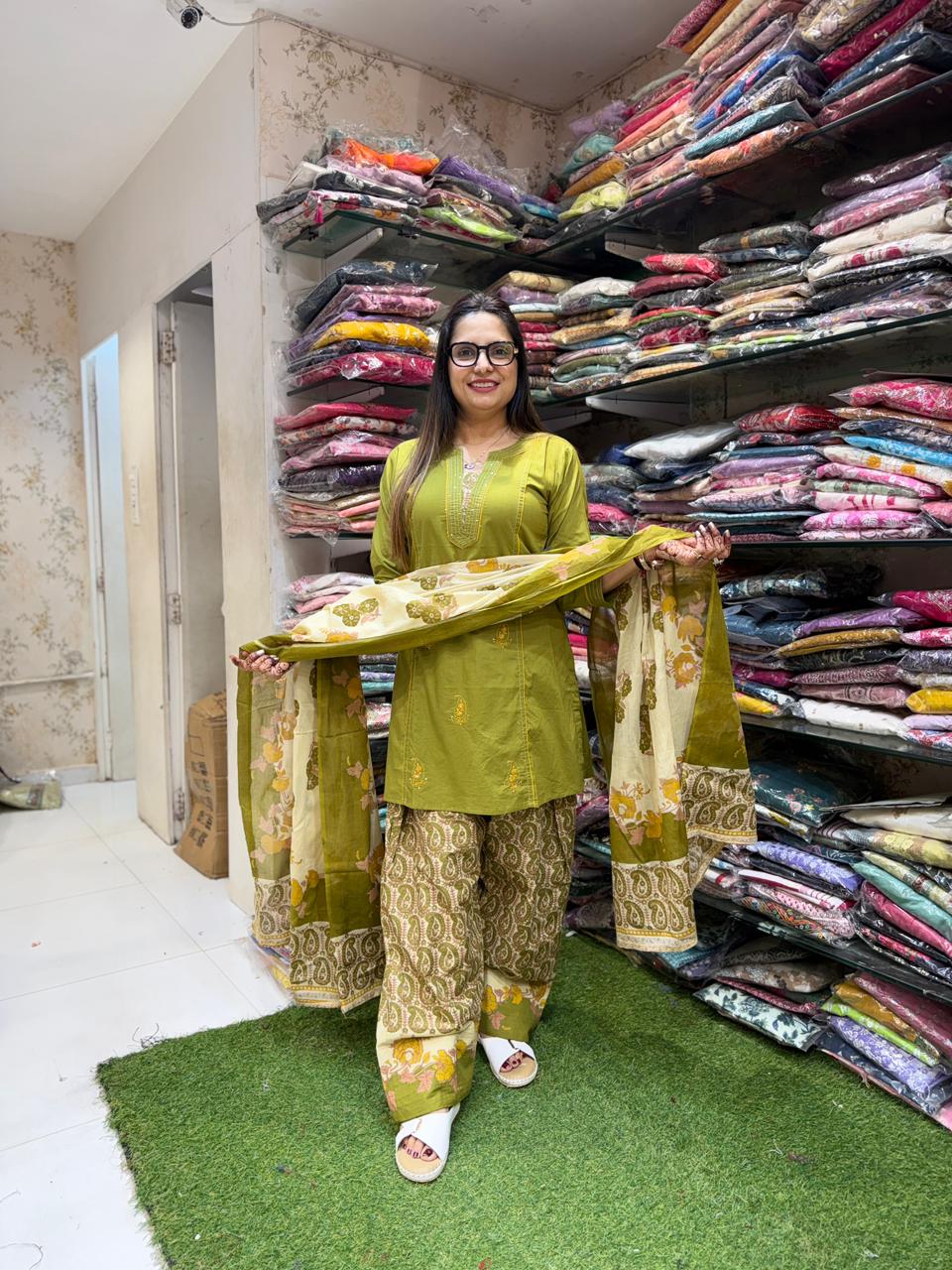 Pure Cotton Green Farsi Salwar 3pc Set