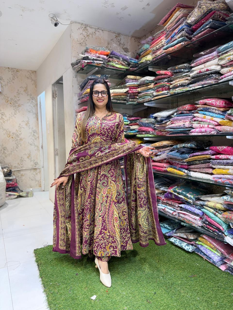 Pure Cotton Wine 24kali Anarkali 3pc Set