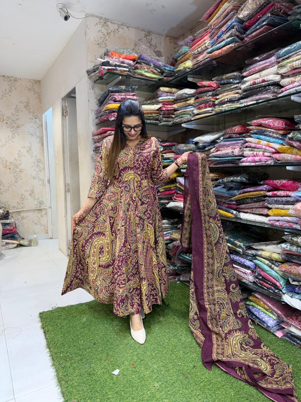 Pure Cotton Wine 24kali Anarkali 3pc Set