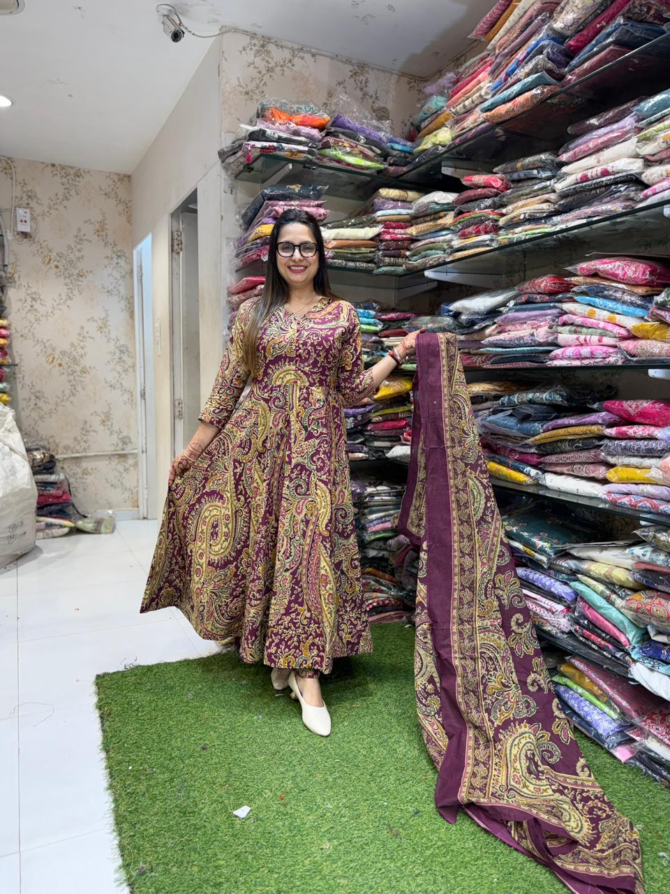 Pure Cotton Wine 24kali Anarkali 3pc Set