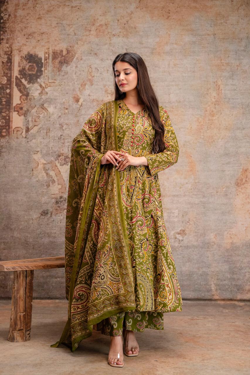 Pure Cotton Green 24kali Anarkali 3pc Set