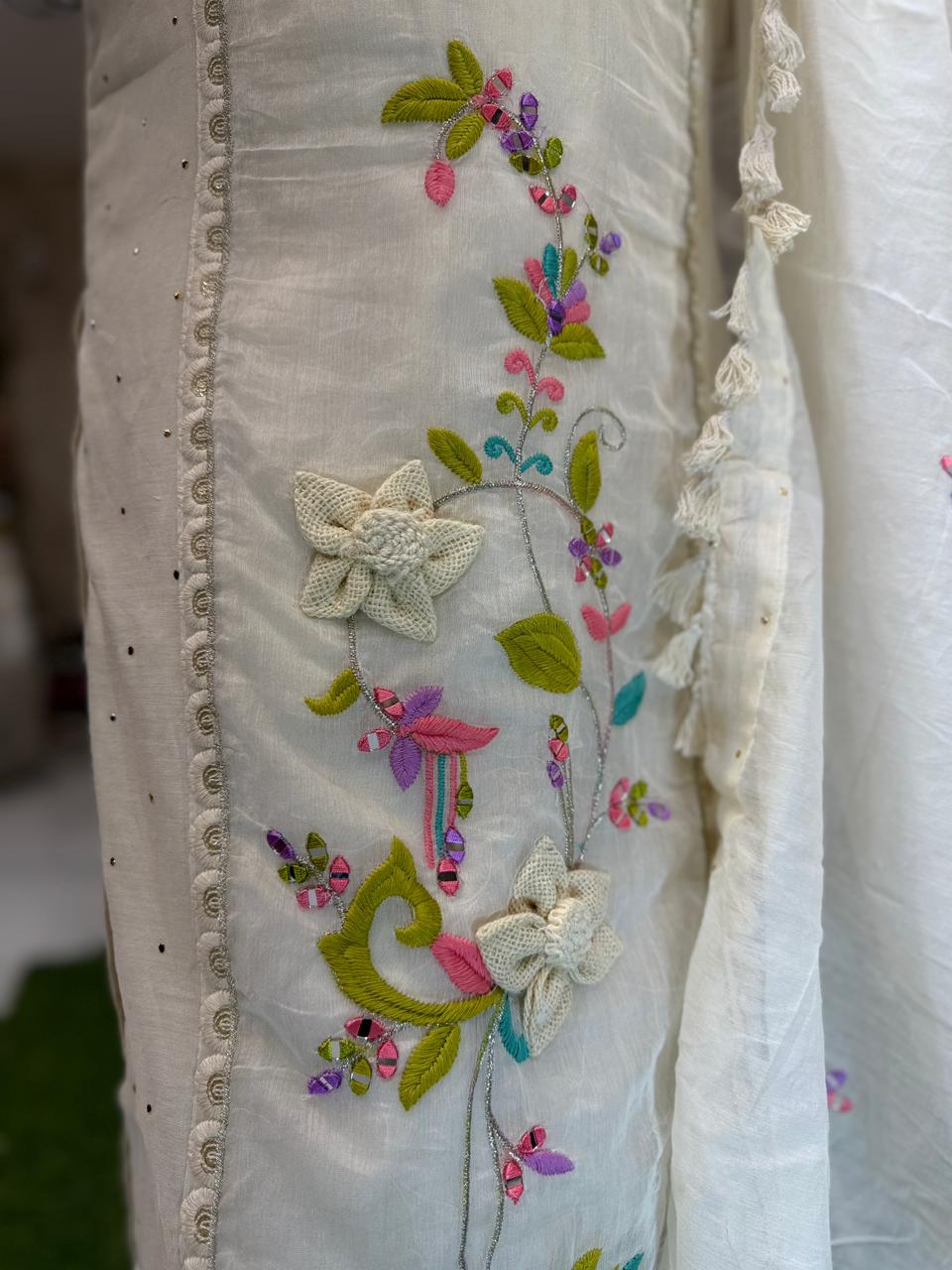 Pure Chanderi Silk White 3pc Set