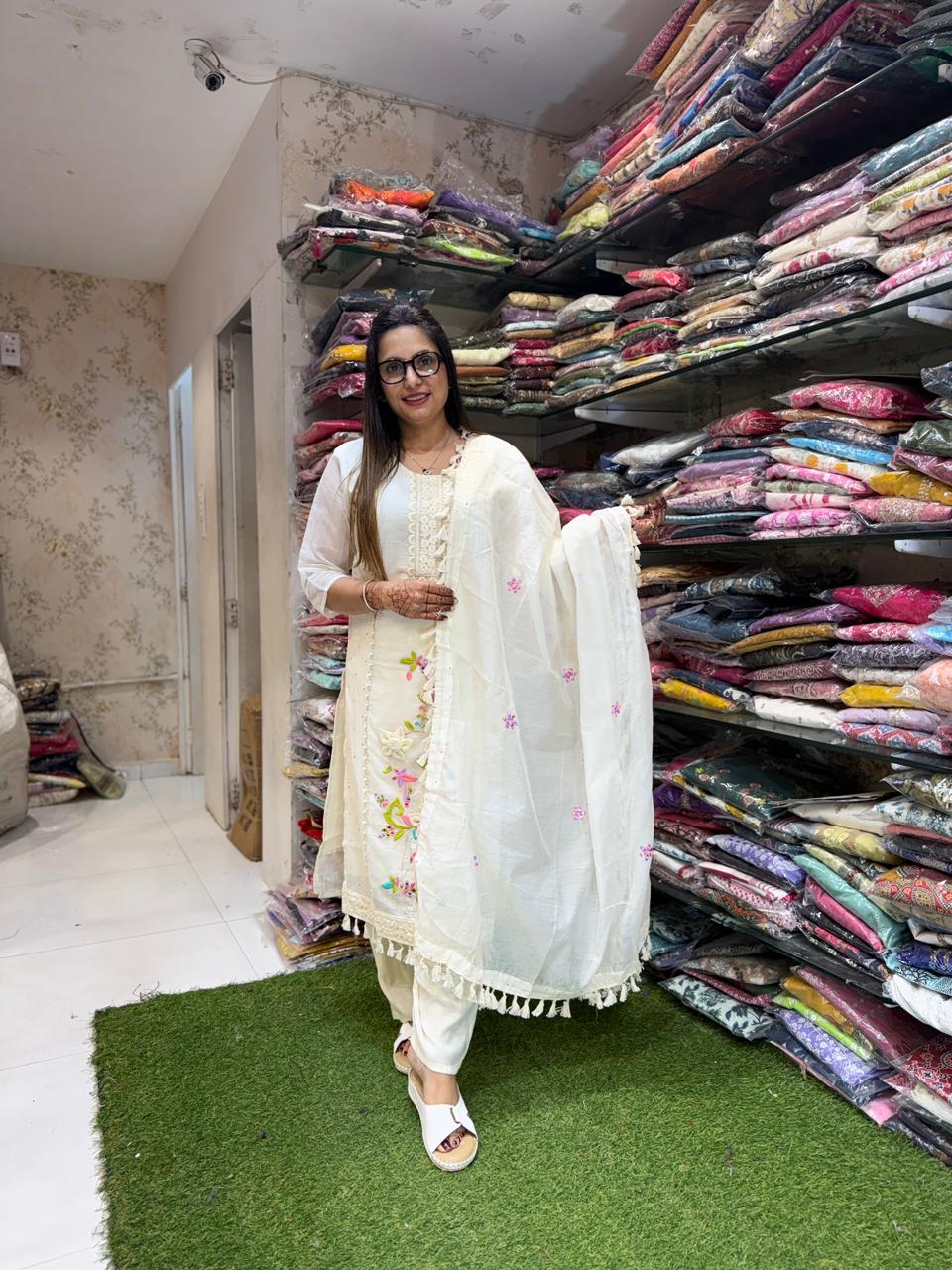 Pure Chanderi Silk White 3pc Set