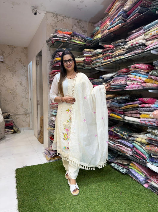 Pure Chanderi Silk White 3pc Set