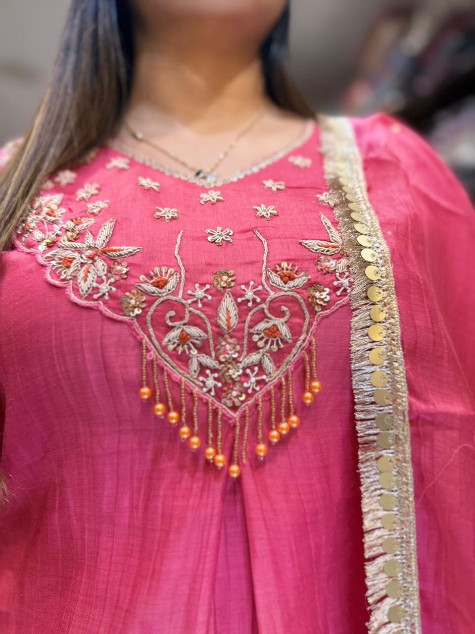 Pure Banaras Mull Chanderi Blush Pink 3pc Set