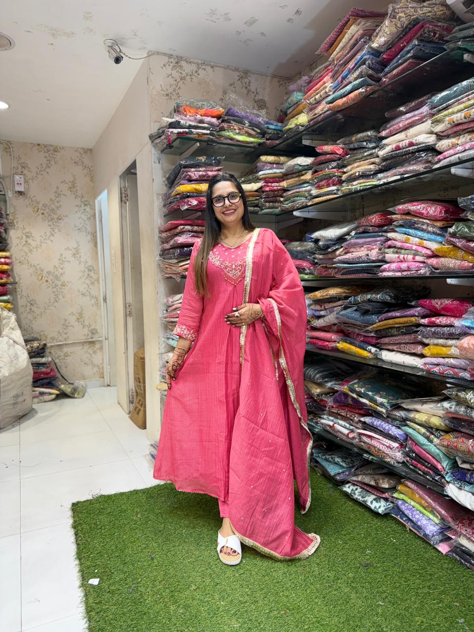 Pure Banaras Mull Chanderi Blush Pink 3pc Set